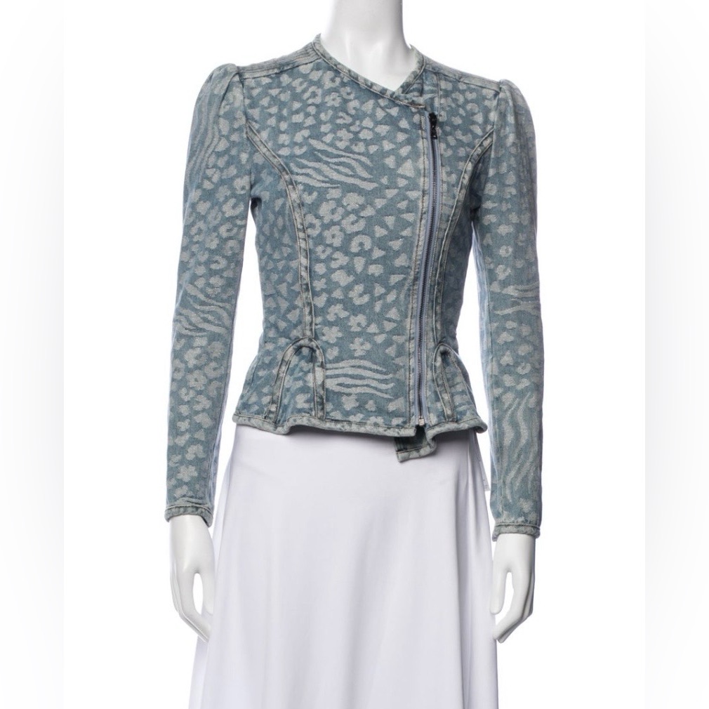 Alexander Mcqueen Light Blue Patterned Denim Asymmetrical Zip Jacket; Rare